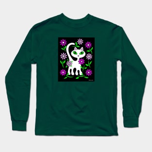 White Cat in Flower Garden Long Sleeve T-Shirt